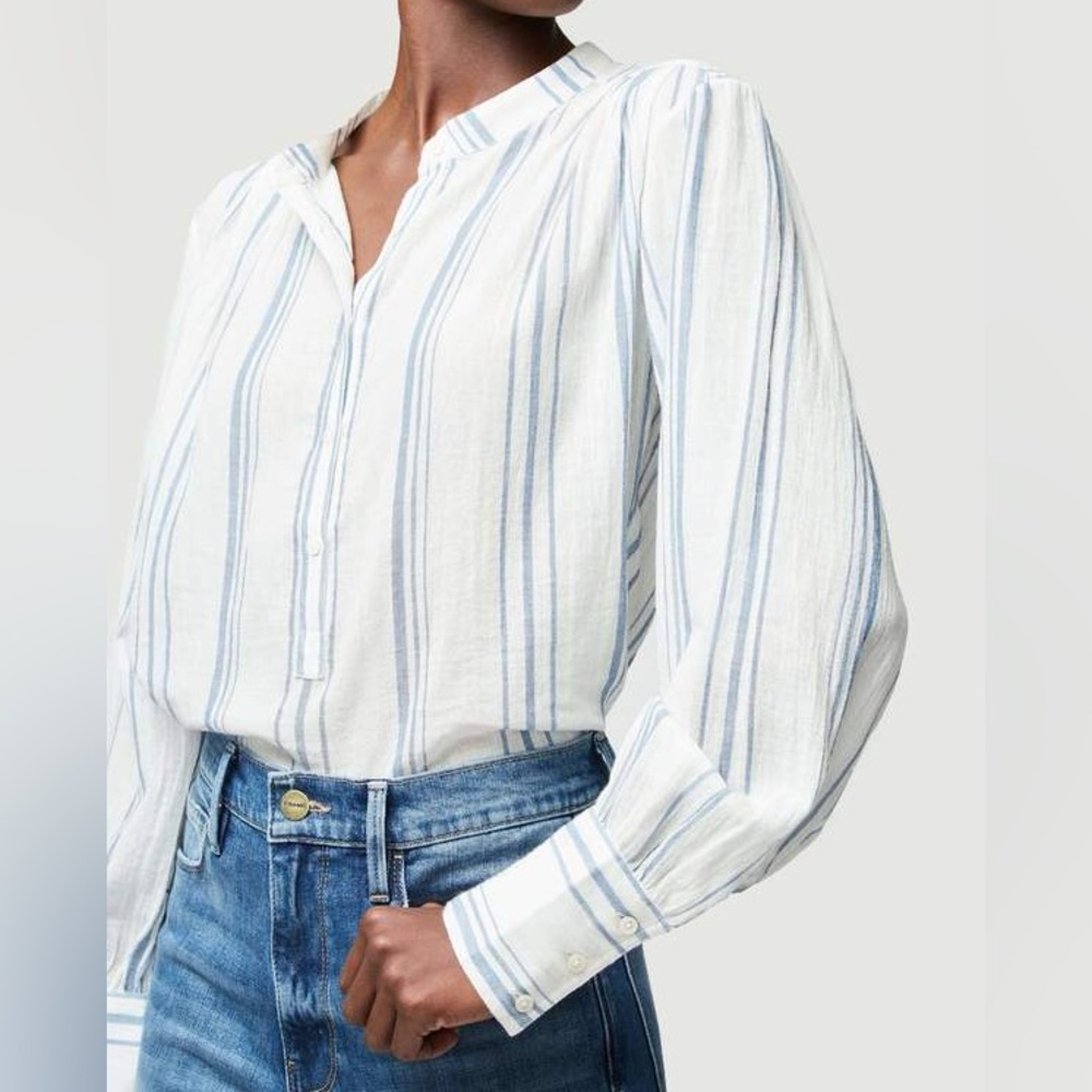 Frame Denim Button Up Gauze Cotton White Stripe Blue Long Sleeve Blouse EUC XS - Picture 3 of 11